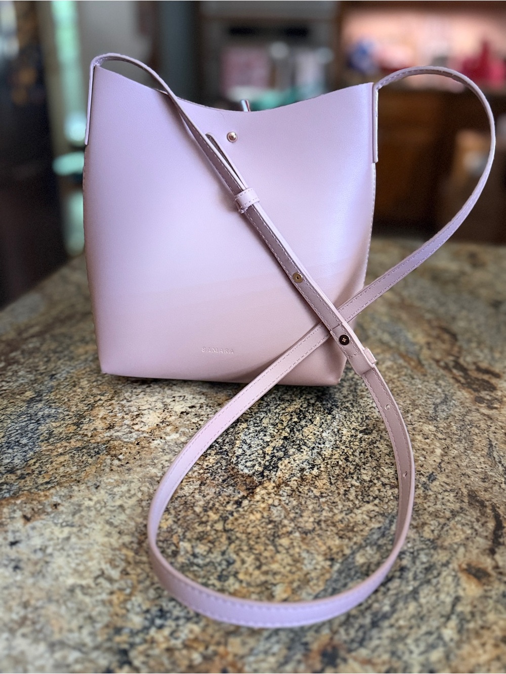 Soft Pink Leather Crossbody Bucket Bag by Shinara
